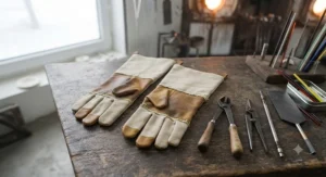 Industrial-grade hot glass handling gloves laid flat on a workbench next to glassblowing tools.