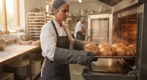 Worker in a commercial bakery using insulated industrial oven gloves to remove hot trays from an oven.