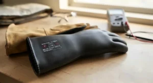 Close-up of certified rubber insulating arc flash gloves for electrical work