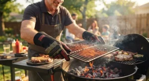 A person using Kevlar heat resistant gloves to safely handle a hot grill grate during an outdoor backyard BBQ.