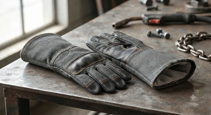 A pair of heavy duty Kevlar heat resistant gloves designed for industrial and high temperature hand protection.