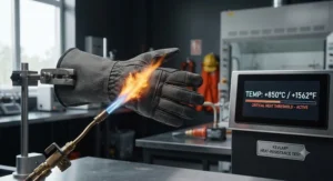 Graphic demonstration showing the extreme temperature safety threshold of Kevlar heat resistant gloves against open flames.