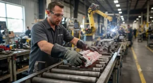 A manufacturing plant worker utilizing Kevlar heat resistant gloves to safely manage hot automotive parts on a production line.