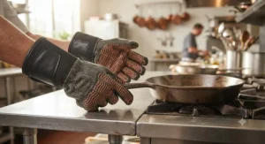 Kevlar heat resistant gloves featuring non-slip silicone textured palms for securely handling hot commercial cookware.