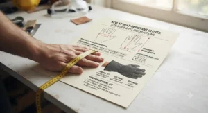An infographic size guide illustrating how to measure hands for the perfect fit of Kevlar heat resistant gloves.