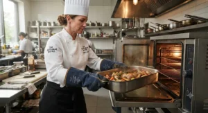A commercial kitchen chef wearing Nomex heat resistant gloves while pulling a heavy roasting pan from a commercial oven.