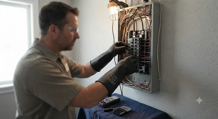 An electrician wearing class 0 rubber insulating gloves while inspecting a residential power panel.