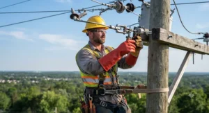 Utility lineman wearing high voltage insulating gloves while working on overhead power lines.