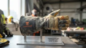 Side view of long-cuff extreme heat resistant gloves providing forearm protection.