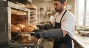 Professional baker wearing long-cuff industrial oven gloves for forearm protection against steam and heat.