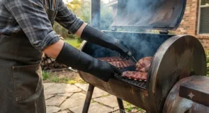 Long sleeve silicone heat resistant gloves reaching into a hot BBQ smoker