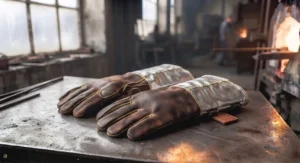 Pair of clean, professional-grade furnace operator gloves laid out for routine industrial inspecti