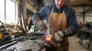 Metalworker handling molten steel parts wearing heavy-duty extreme heat resistant gloves.