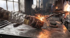 Graphic representation of molten metal splashing against durable furnace operator gloves in a steel mill.