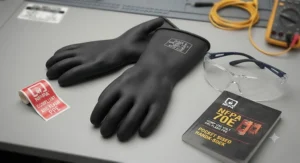 NFPA 70E compliant safety gear including class 0 rubber insulating gloves and safety glasses.