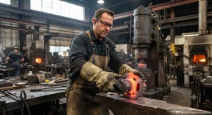 An industrial worker using Nomex heat resistant gloves to safely handle a freshly forged steel component.