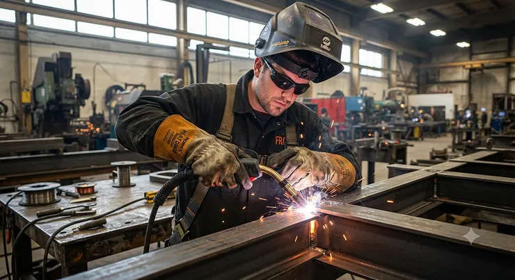 A worker wearing heavy-duty Nomex heat resistant gloves while performing industrial arc welding in a factory.