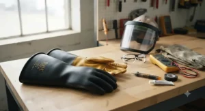 OSHA-compliant arc flash gloves for electrical work laid out with safety equipment