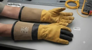 OSHA-compliant class 0 rubber insulating gloves paired with protective leather protector cuffs.