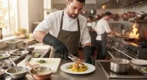 Professional chef wearing silicone heat resistant gloves next to cooking prep on a kitchen counter