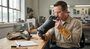 Technician performing an air inflation check on arc flash gloves for electrical work