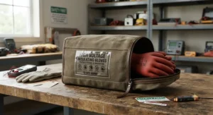 Canvas storage bag used to properly store and protect high voltage insulating gloves from damage.