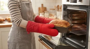 Pair of red silicone heat resistant oven mitts used for baking in the kitchen