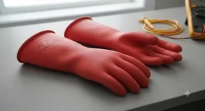 Red class 0 rubber insulating gloves featuring a rolled cuff design for easy donning and removal.