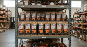 Several pairs of packaged Nomex heat resistant gloves neatly organized on a warehouse storage shelf.