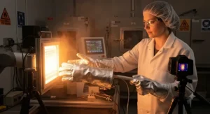 A safety technician testing the reflective surface of aluminized heat resistant gloves against intense radiant heat.