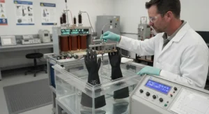 A technician performing dielectric testing on a pair of class 0 rubber insulating gloves in a safety laboratory.
