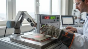 Lab technician testing the thermal conductivity of extreme heat resistant gloves.