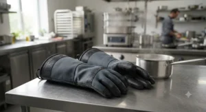 Pair of waterproof industrial oven gloves suitable for handling hot liquids and steam.