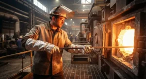 A steel mill worker wearing aluminized heat resistant gloves operating near a high-temperature industrial furnace.