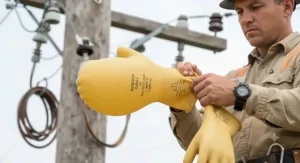 A utility worker performing a mandatory field air inflation test on Class 2 electrical safety gloves to check for air leaks.