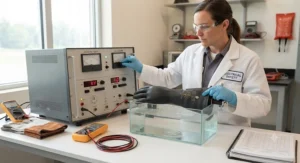 Safety technician conducting dielectric testing on rubber insulating gloves for electricians in a laboratory.