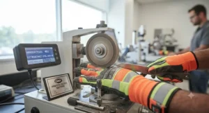 ANSI certified hi-viz work gloves for construction sites undergoing cut and abrasion resistance testing.