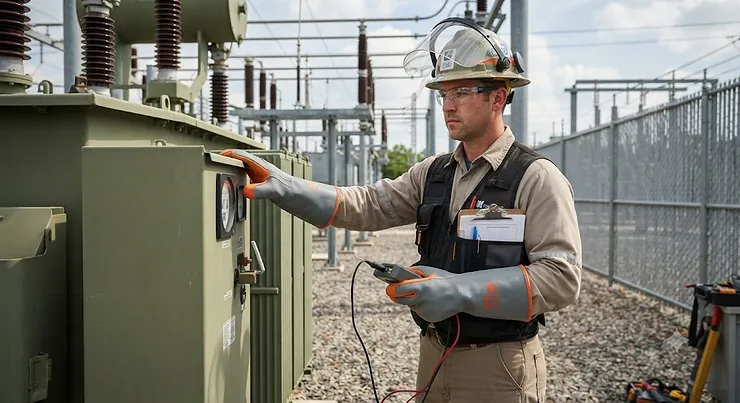 Utility worker wearing heavy-duty arc flash gloves while inspecting an electrical substation transformer.
