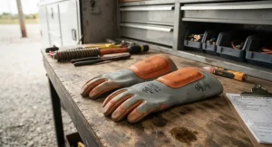 Pair of industrial arc flash gloves for utility workers displayed on a wooden workbench in a utility truck.