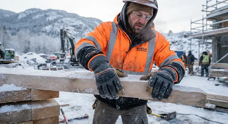 A worker wearing heavy-duty arctic work gloves for extreme cold jobs while handling construction materials outdoors in winter.
