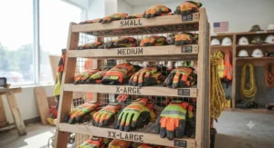 Multiple sizes of hi-viz work gloves for construction sites neatly displayed for crew safety equipment.