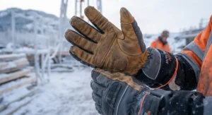 Close-up of leather-reinforced arctic work gloves for extreme cold jobs showing enhanced grip and abrasion resistance.