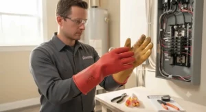 High-quality Class 00 electrical gloves designed for the safety requirements of modern residential electricians.