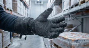 Close-up of industrial-grade freezer gloves designed to keep warehouse workers warm in sub-zero environments.