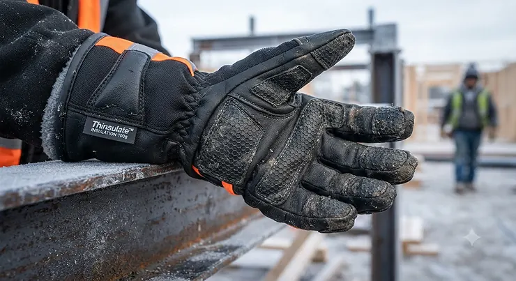 Close-up of thermal Thinsulate lined work gloves showing reinforced grip palms