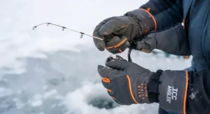 Close-up of insulated work gloves for ice fishing designed for superior grip and dexterity in freezing conditions.