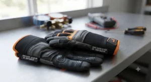 Close-up of flexible low_voltage gloves designed specifically for HVAC service and maintenance work.