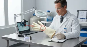 Safety inspector checking liquid nitrogen gloves for wear and tear prior to handling ultra-cold biological samples.