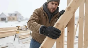 A carpenter gripping a wooden plank outdoors during winter, wearing reliable waterproof winter work gloves under $40.