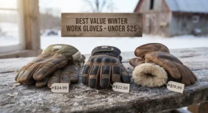 A display of the best-value wool-lined work gloves for winter protection under 25 dollars.